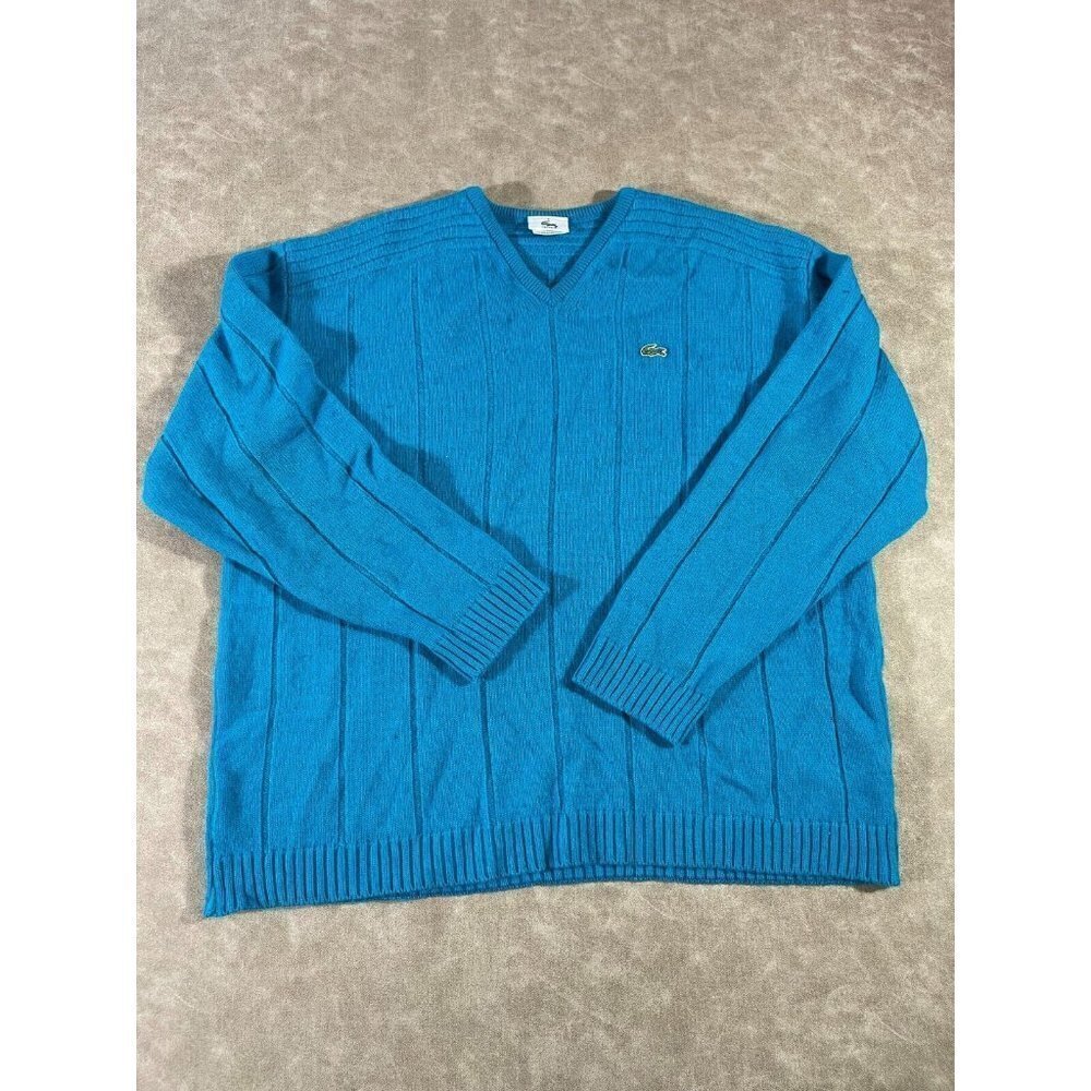 Lacoste Men's V Neck Logo Sweater Pullover Rib Knit Wool Blend Turquoise Size 6